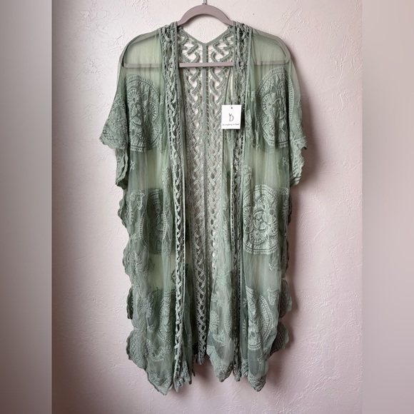 Do everything in love Sweaters - Do Everything in Love NWT Sage Green Lace Kimono Duster One Size